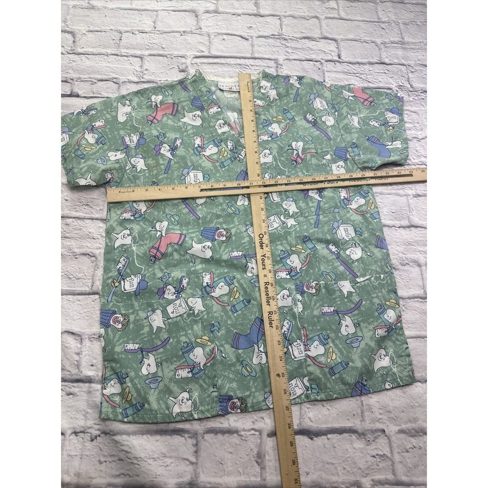 Peaches Uniforms Dental Print Scrub Top Sage Green V-Neck Size S Teeth Floss - Picture 4 of 7